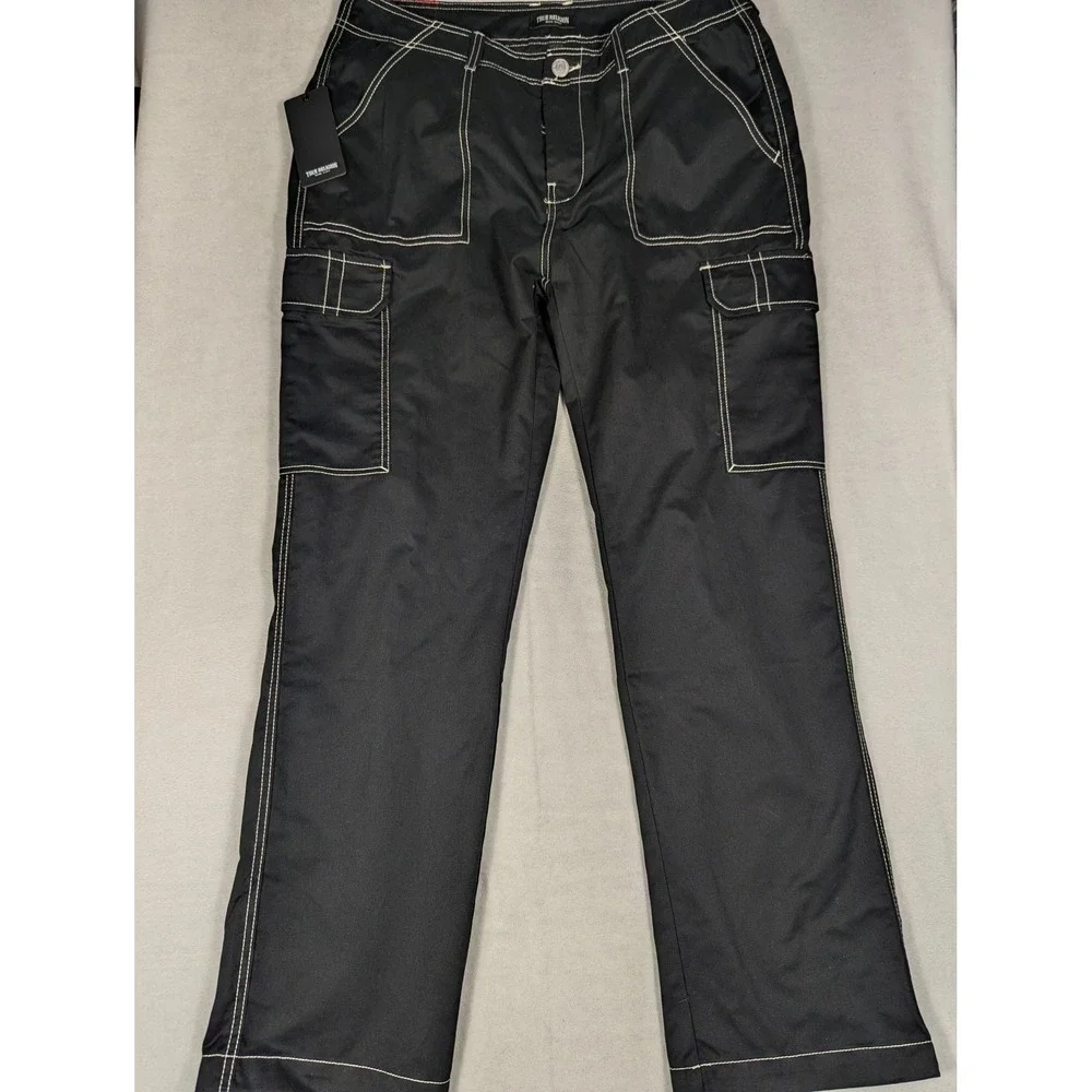 NEW True Religion Bobby Baggy Cargo Pants Jet Black Contrast Stitch Mens 34
